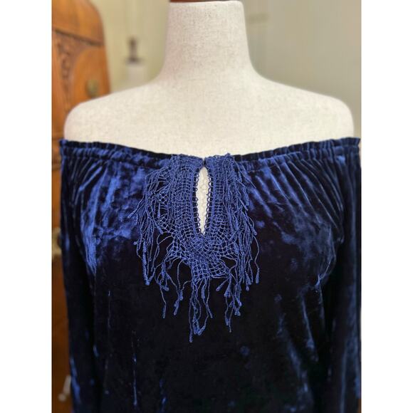 Y2K Velvet Velour Fringe Off Shoulder Peasant Top L/XL Whimsigoth Dark Fairy - Picture 1 of 11